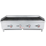 The Empura charbroiler features four red-handled control knobs, a wide grill grate surface, and a raised backsplash. This commercial stainless steel countertop charbroiler stands on short legs, with the Empura brand name on the front panel.