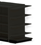A dark, empty Kent Unlimited display fixture with four angled shelves on each visible side sits against a plain white background, creating a stark contrast. This End Cap stands bare, with no products or signage present.