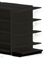 A dark, empty Kent Unlimited display fixture with four angled shelves on each visible side sits against a plain white background, creating a stark contrast. This End Cap stands bare, with no products or signage present.