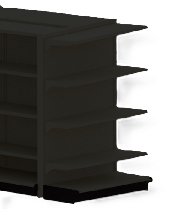 A dark, empty Kent Unlimited display fixture with four angled shelves on each visible side sits against a plain white background, creating a stark contrast. This End Cap stands bare, with no products or signage present.