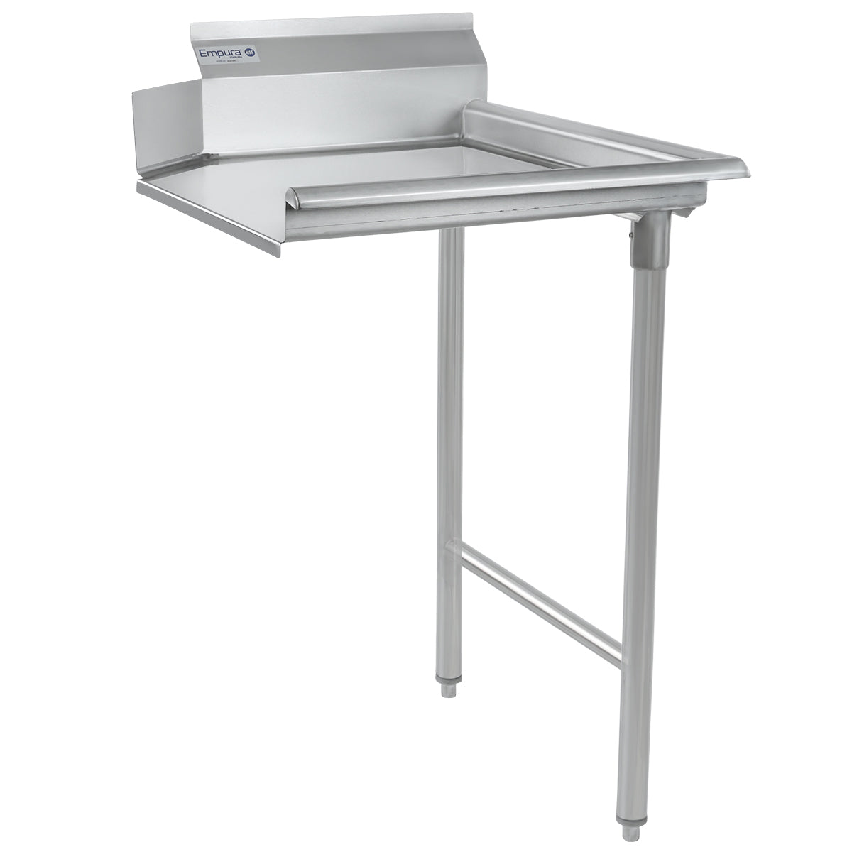 A stainless steel worktop table with a backsplash, two front support legs, and two rear mounting brackets for wall attachment. NSF certified, it features a flat surface with raised edges on three sides and adjustable feet for stability.