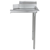 A stainless steel worktop commercial dish table with a raised back, left-side splash guard, and a single supporting leg on the right. NSF certified, it offers a clean, industrial appearance ideal for any kitchen setting.