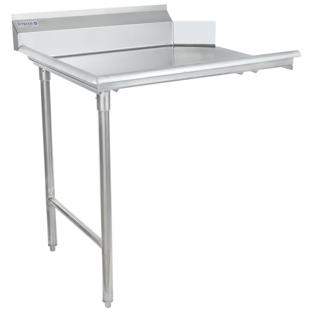 A stainless steel worktop commercial table with a raised backsplash on two sides. NSF certified, it features an open lower area, three cylindrical legs, and a support bar. The smooth surface and curved front edge ensure easy cleaning—ideal as a clean dishtable.