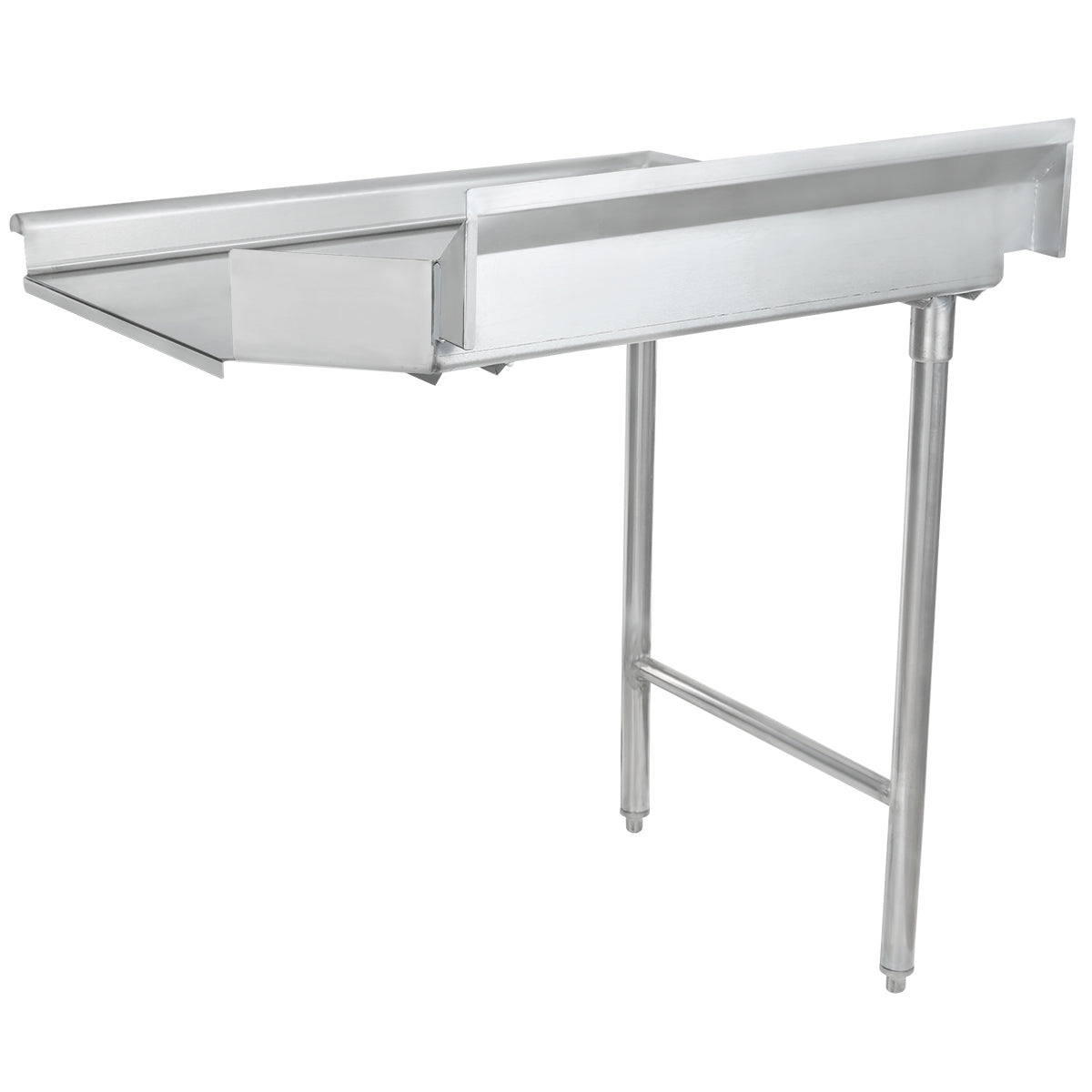A NSF certified clean dishtable featuring a stainless steel worktop, angled drainboard, and backsplash, supported by two tubular legs and a rear mounting bracket. Designed for connecting to a commercial dishwasher for efficient dishwashing and drainage.