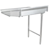 A NSF certified clean dishtable featuring a stainless steel worktop, angled drainboard, and backsplash, supported by two tubular legs and a rear mounting bracket. Designed for connecting to a commercial dishwasher for efficient dishwashing and drainage.