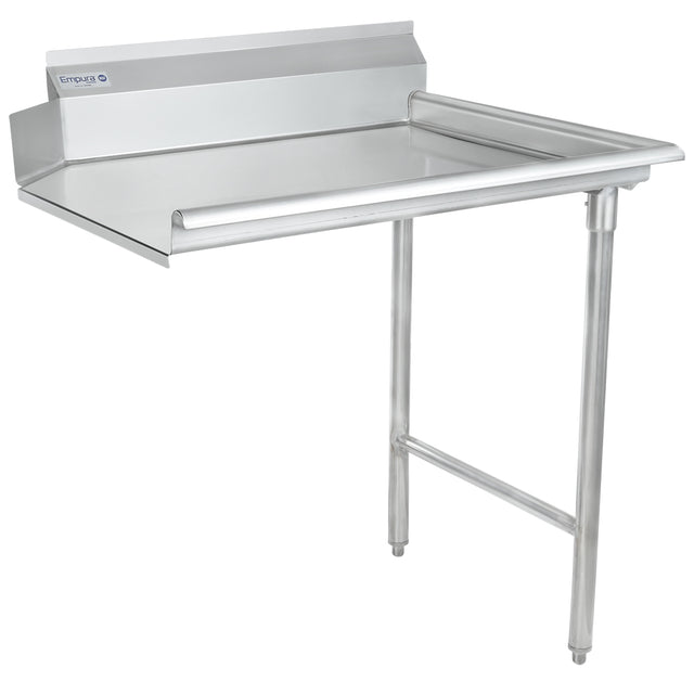 A stainless steel work table with an NSF stainless steel worktop, raised back edge, sturdy tubular legs, and open front and sides. It has a smooth flat surface and is perfect as a clean dishtable in commercial kitchens or food prep areas.