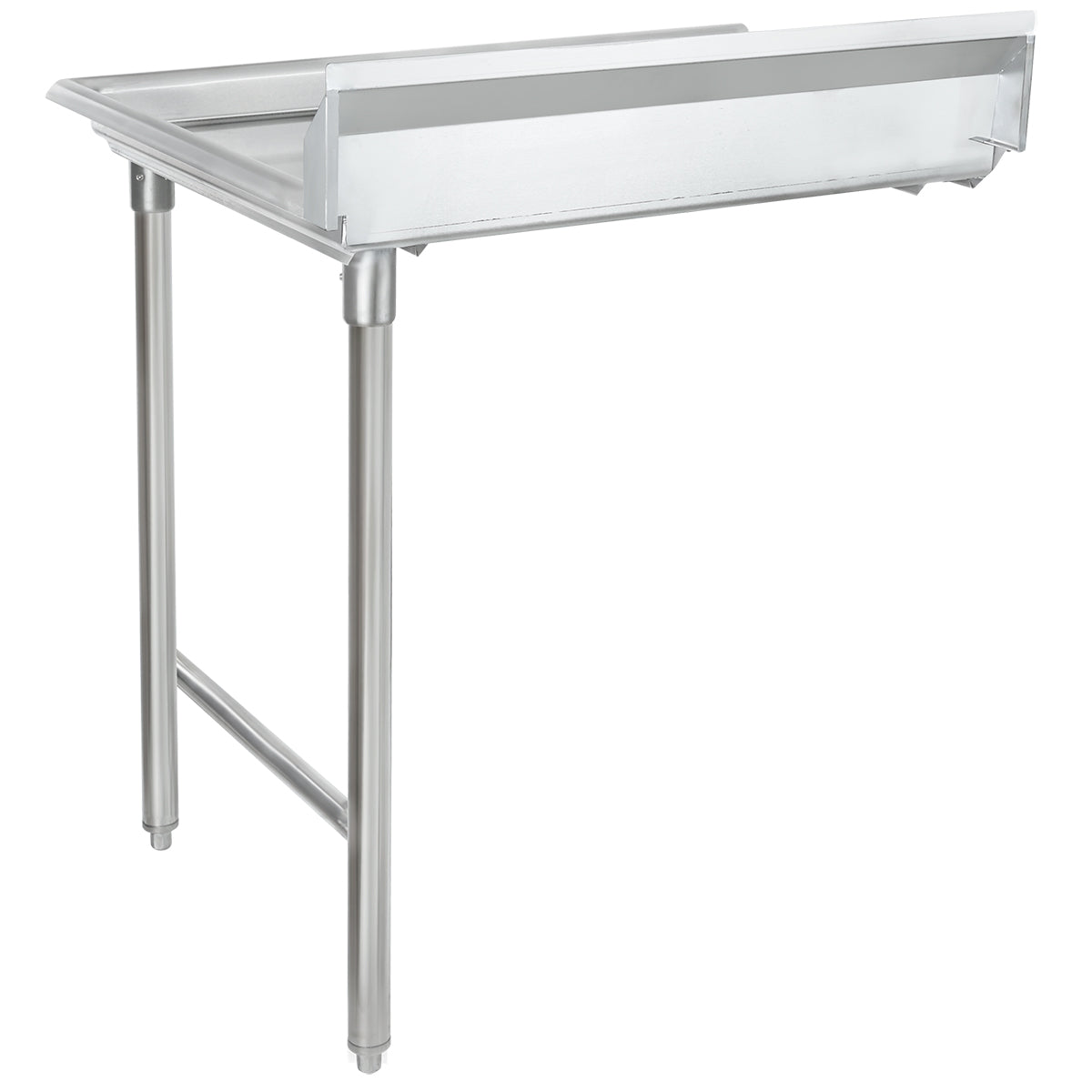 A stainless steel Clean Dishtable drainboard with two legs, a flat rectangular NSF worktop, raised backsplash on three sides, and open front. The drainboard attaches to a sink for extra drying or prep space.