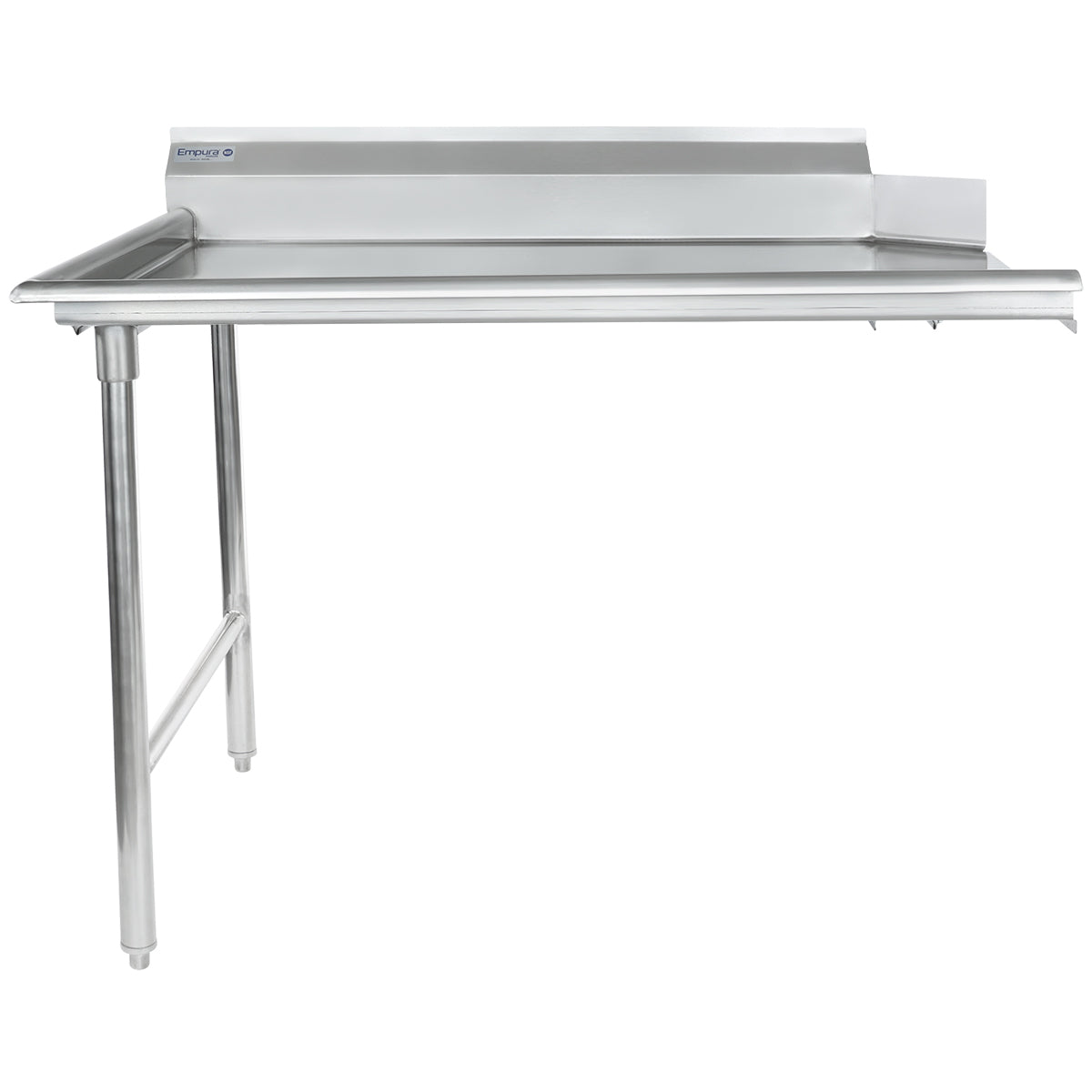 A stainless steel commercial table with an L-shaped design, featuring a NSF-certified stainless steel worktop, two sturdy legs on one side, and a raised backsplash. The smooth surface and slightly raised edge help contain spills, making it ideal as a clean dishtable.