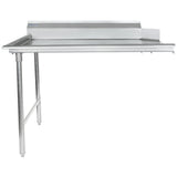 A stainless steel commercial table with an L-shaped design, featuring a NSF-certified stainless steel worktop, two sturdy legs on one side, and a raised backsplash. The smooth surface and slightly raised edge help contain spills, making it ideal as a clean dishtable.