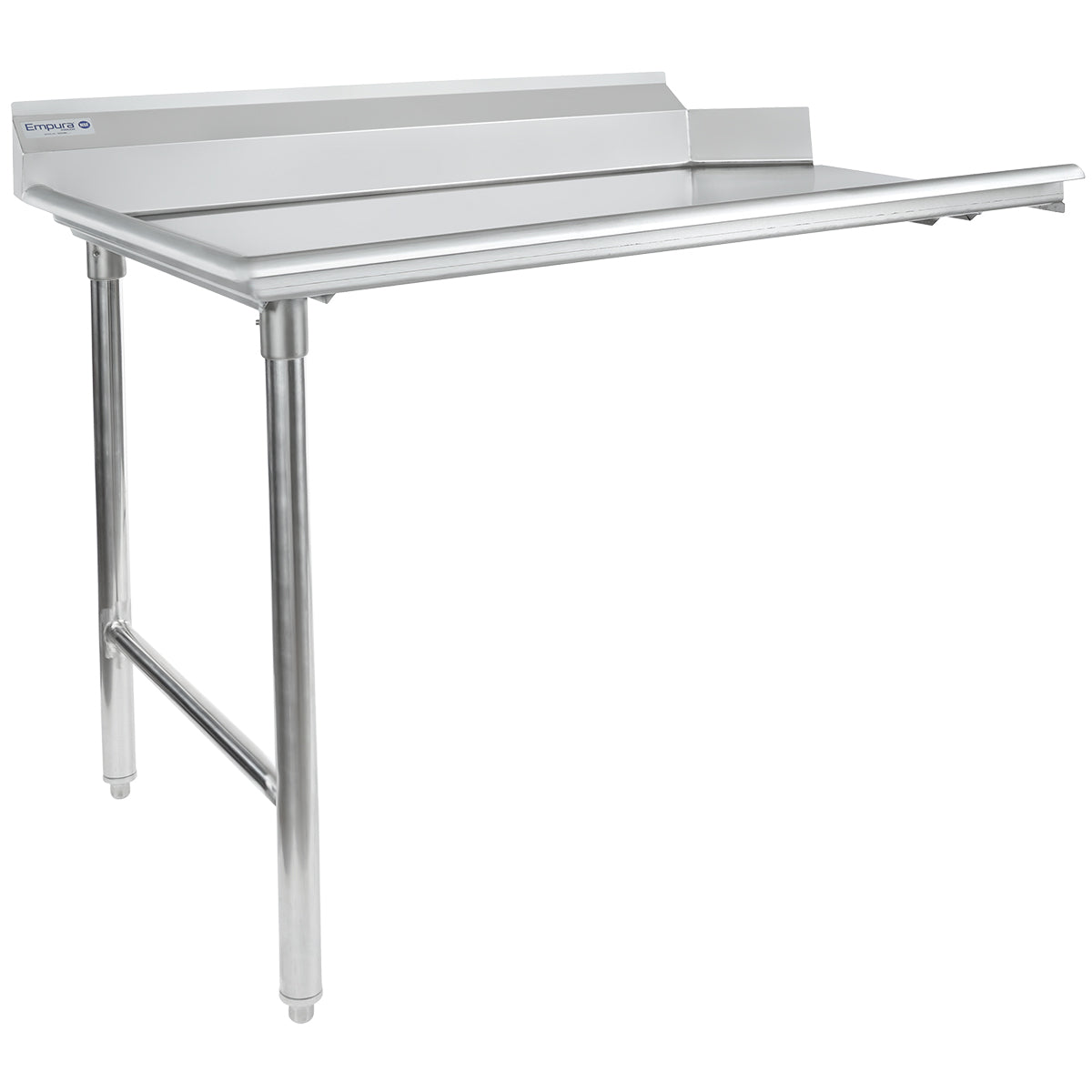 A stainless steel work table with an NSF-certified stainless steel worktop, two sturdy cylindrical legs in the front, a raised backsplash along the back edge, and a single horizontal support bar connecting the legs near the base.
