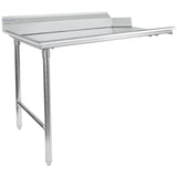 A stainless steel work table with an NSF-certified stainless steel worktop, two sturdy cylindrical legs in the front, a raised backsplash along the back edge, and a single horizontal support bar connecting the legs near the base.