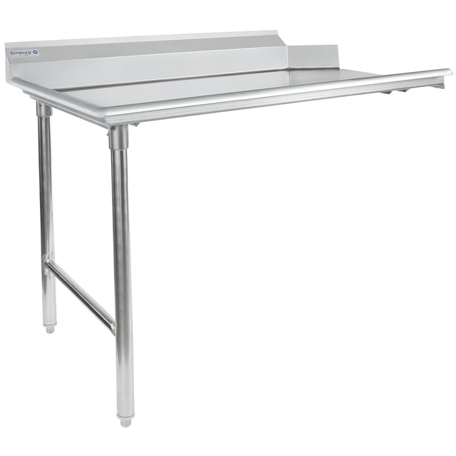 A stainless steel work table with an NSF-certified stainless steel worktop, two sturdy cylindrical legs in the front, a raised backsplash along the back edge, and a single horizontal support bar connecting the legs near the base.