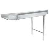 A stainless steel clean dishtable drainboard with two metal legs, an angled surface with raised edges, and a side outlet for water. NSF certified, its utilitarian design is ideal for a professional kitchen or dishwashing area.