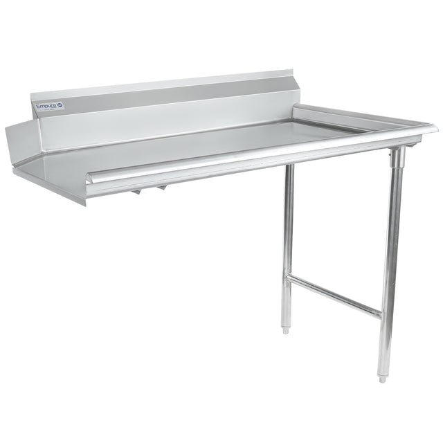 A 304 stainless steel work table with a backsplash, two sturdy front legs, and solid back support. The tabletop has raised edges on three sides to prevent spills. Clean, industrial look—NSF certified for kitchen or commercial use.
