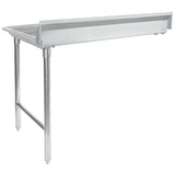 A clean dishtable made of 304 stainless steel with two sturdy cylindrical legs and a raised backsplash on three sides, designed for food prep or industrial use. NSF certified, it features a smooth surface and an open lower area without shelving.