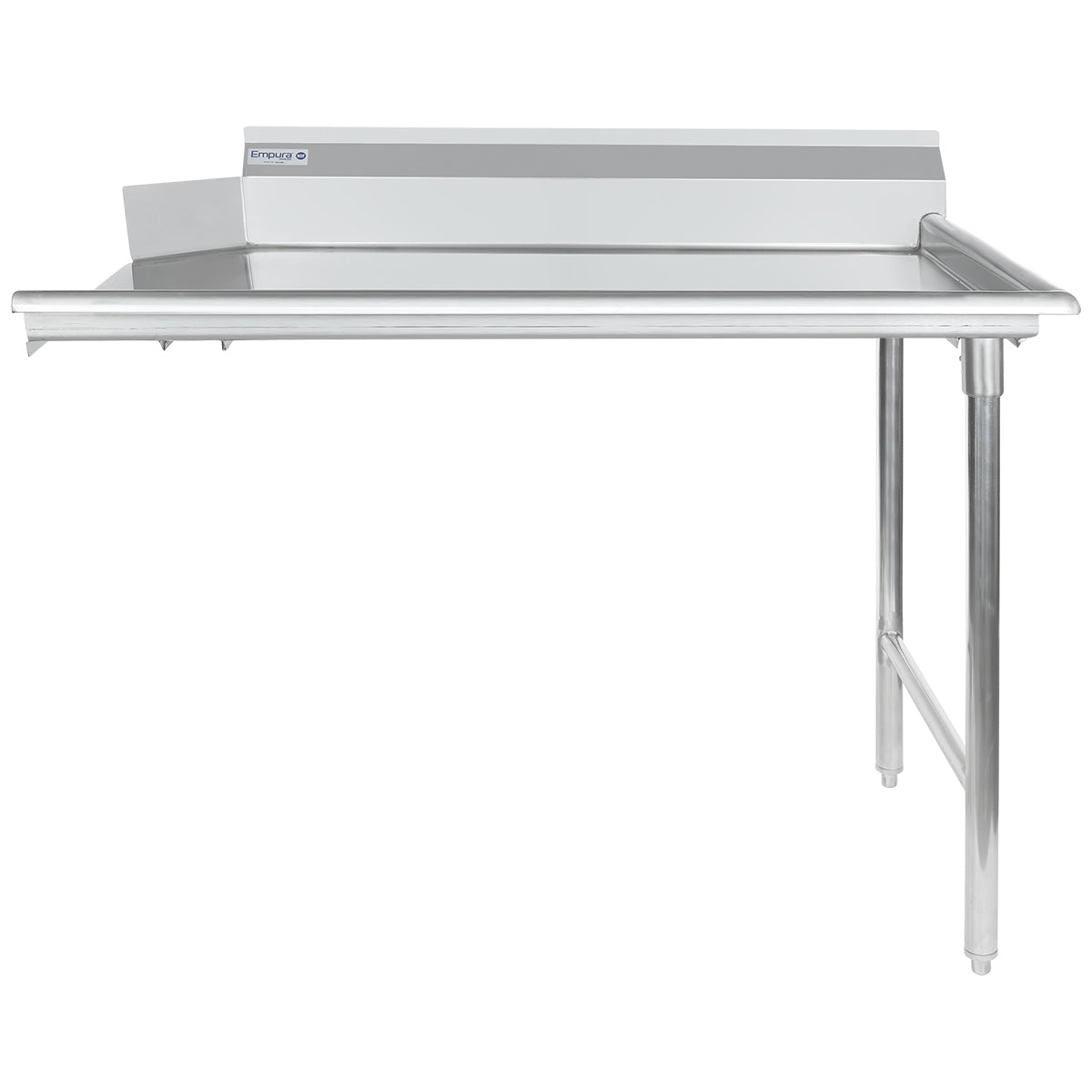 A 304 stainless steel commercial work table with a raised backsplash, angled side guards, smooth flat workspace, and sturdy legs. NSF certified for safety, this functional design suits kitchens or food prep areas as a clean dishtable solution.