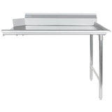 A 304 stainless steel commercial work table with a raised backsplash, angled side guards, smooth flat workspace, and sturdy legs. NSF certified for safety, this functional design suits kitchens or food prep areas as a clean dishtable solution.