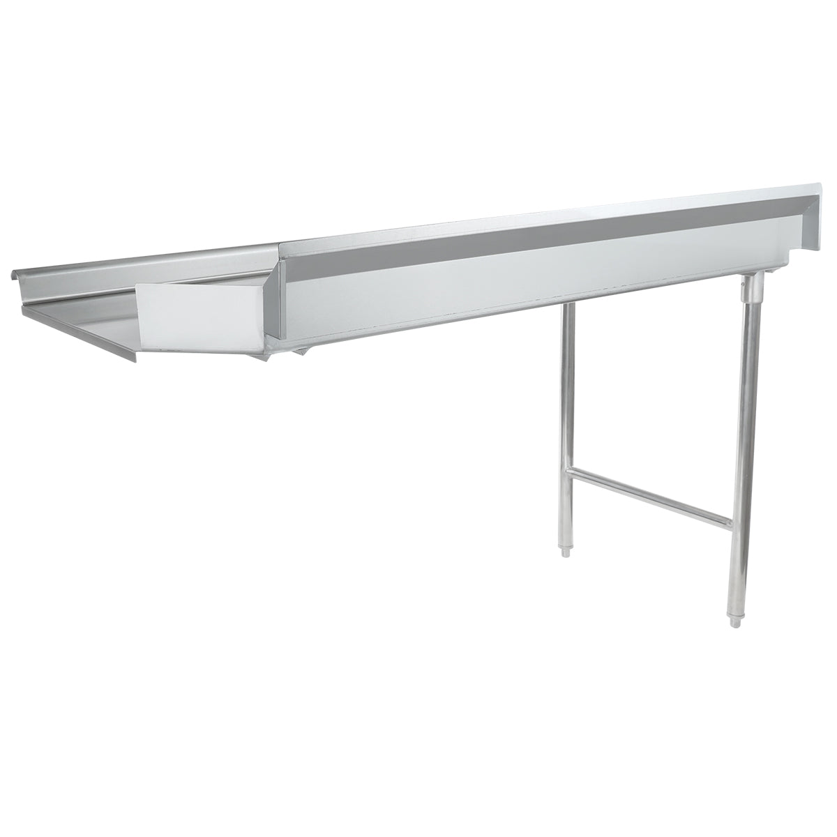 A long, rectangular stainless steel worktop NSF clean dishtable with a flat top, short backsplash, sloped drainboard end, and two vertical support legs—perfect for commercial dishwashing or food prep areas.