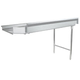 A long, rectangular stainless steel worktop NSF clean dishtable with a flat top, short backsplash, sloped drainboard end, and two vertical support legs—perfect for commercial dishwashing or food prep areas.