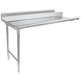 A stainless steel worktop commercial table with three legs and a raised backsplash along the back and right edge. NSF certified, this clean dishtable features a smooth, flat surface and open underside, ideal for kitchens or food service settings.