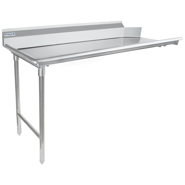 A stainless steel worktop commercial table with three legs and a raised backsplash along the back and right edge. NSF certified, this clean dishtable features a smooth, flat surface and open underside, ideal for kitchens or food service settings.