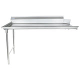 A stainless steel worktop commercial table with NSF certification, featuring a raised backsplash and undershelf support on the left. Its flat, smooth surface and cylindrical legs make it ideal for kitchens, industrial spaces, or as a clean dishtable.