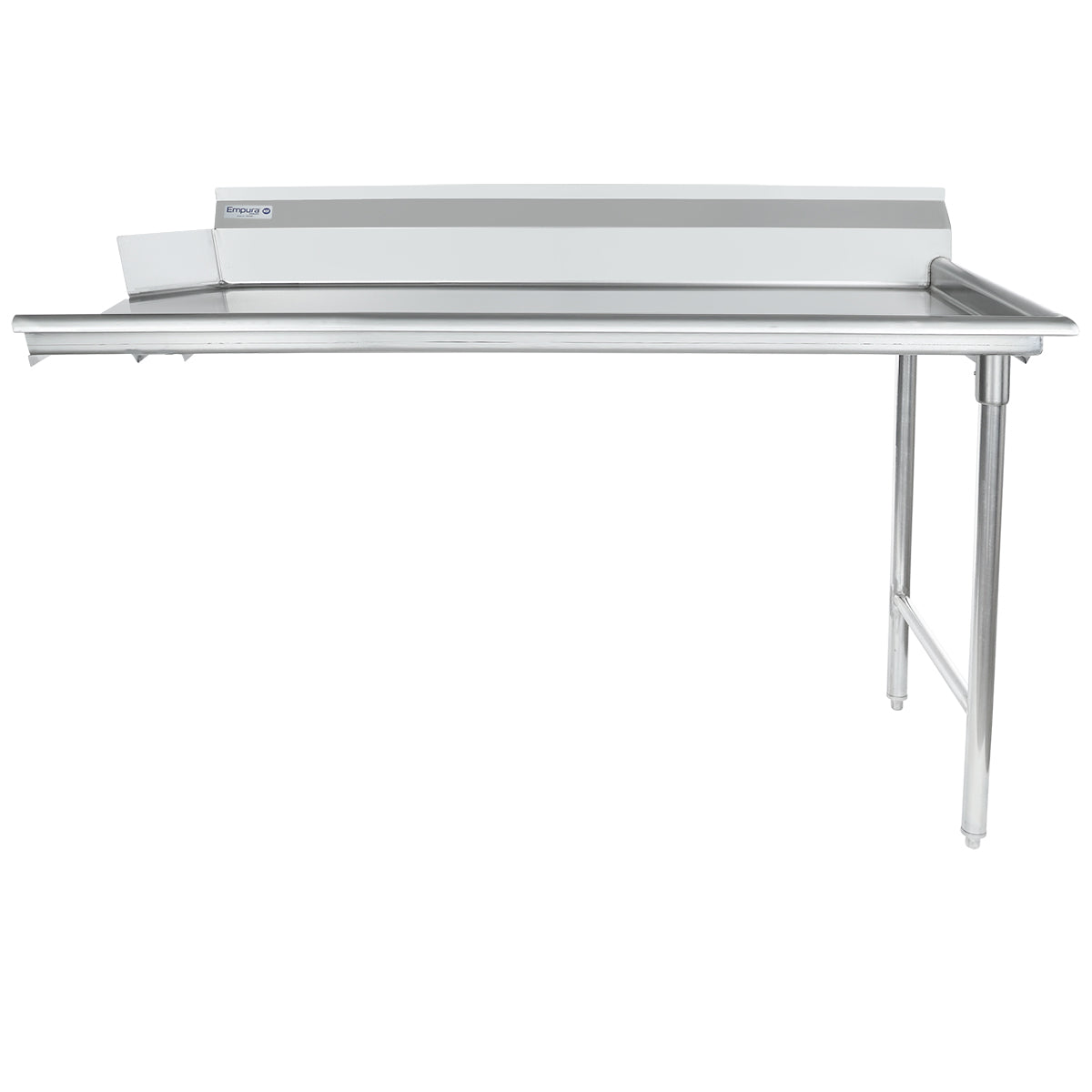 A stainless steel commercial work table with NSF-certified clean dishtable design, two front legs, and a backsplash. It features a smooth stainless steel worktop, industrial style, and an undershelf for convenient kitchen or food prep storage.
