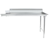A stainless steel commercial work table with NSF-certified clean dishtable design, two front legs, and a backsplash. It features a smooth stainless steel worktop, industrial style, and an undershelf for convenient kitchen or food prep storage.