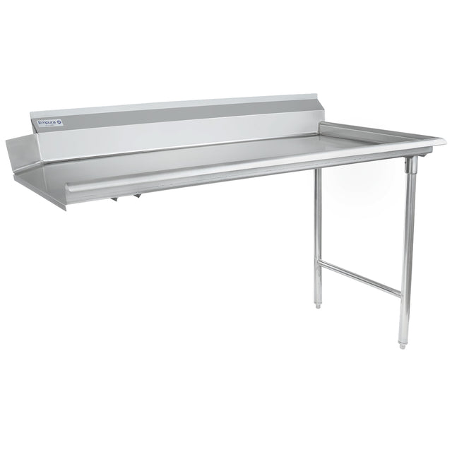 A stainless steel commercial work table with NSF-certified clean dishtable design, featuring a raised backsplash, two front legs, and an open side for under-counter access. Its flat, reinforced surface is ideal for kitchens or food prep areas.