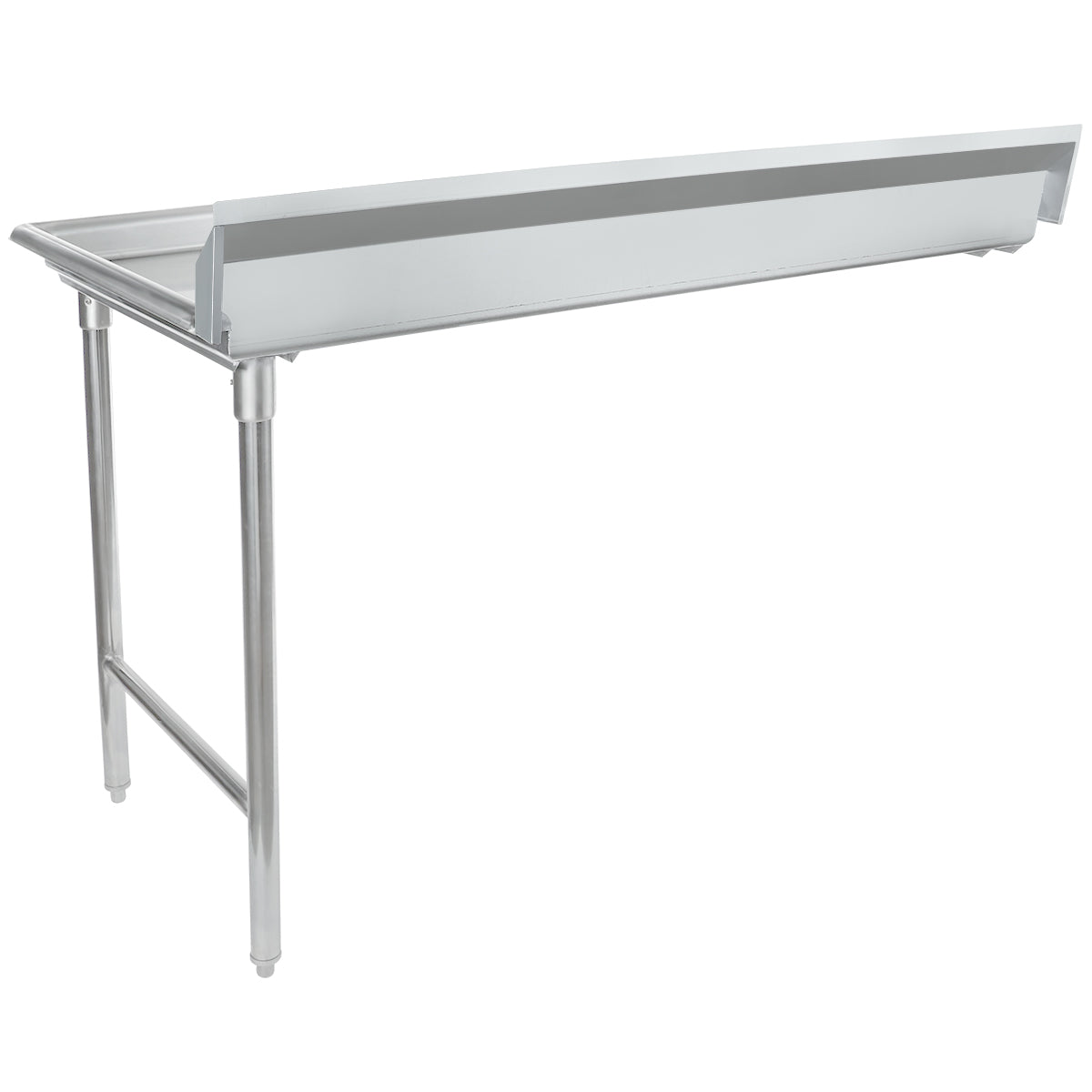 A stainless steel worktop with NSF certification, this commercial kitchen table features two sturdy cylindrical legs and raised edges. One side is open, ideal for use as a clean dishtable or for attachment to other equipment.