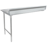 A stainless steel worktop with NSF certification, this commercial kitchen table features two sturdy cylindrical legs and raised edges. One side is open, ideal for use as a clean dishtable or for attachment to other equipment.