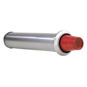 A shiny cylindrical metal pipe with a reflective surface and a wide flange near one end, resembling a fixed diameter cup dispenser. The open end is capped with a red plastic cover; the opposite end is closed, all set against a plain white background.