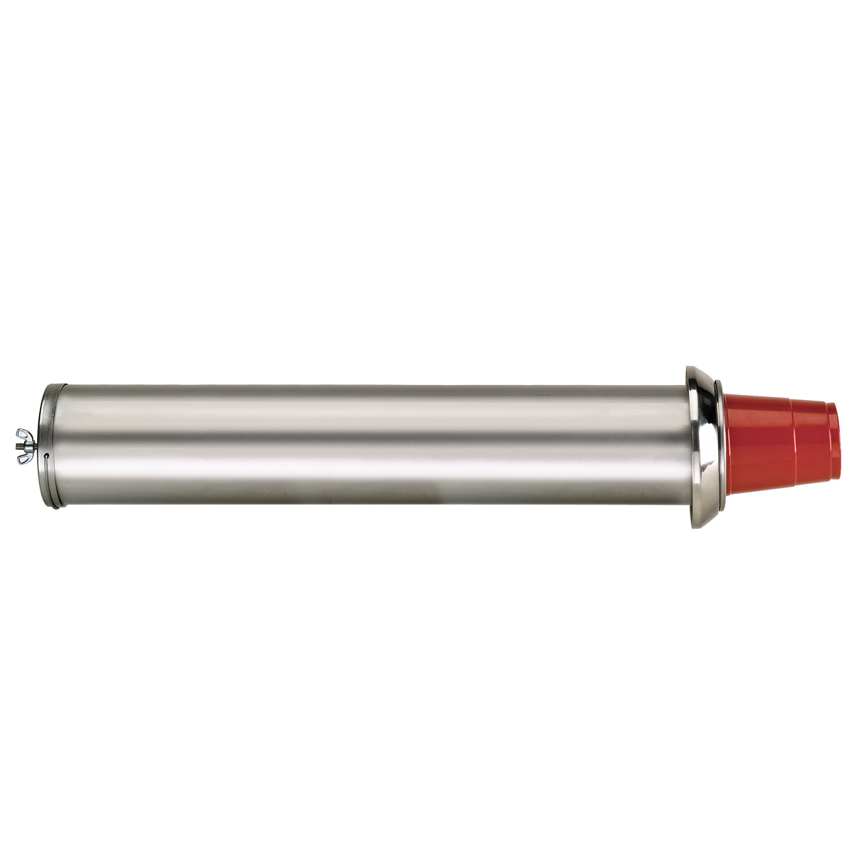 A Dispense-Rite stainless steel cup dispenser with a fixed diameter is shown horizontally, featuring a red plastic collar on one end and a small mounting screw on the other. It is designed for holding and dispensing disposable cups against a white background.