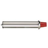 A Dispense-Rite stainless steel cup dispenser with a fixed diameter is shown horizontally, featuring a red plastic collar on one end and a small mounting screw on the other. It is designed for holding and dispensing disposable cups against a white background.