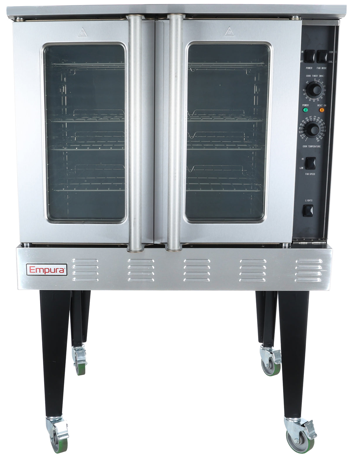 The Empura convection oven features stainless steel construction, black legs with wheels, double glass doors, multiple wire racks, and a right-side control panel with dials and indicator lights. This versatile unit is liquid propane compatible.