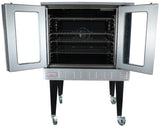 A commercial stainless steel convection oven with two glass doors open, revealing three wire racks inside. The oven runs on natural gas and has four black legs with caster wheels for mobility. The Empura brand name is visible on the front panel.