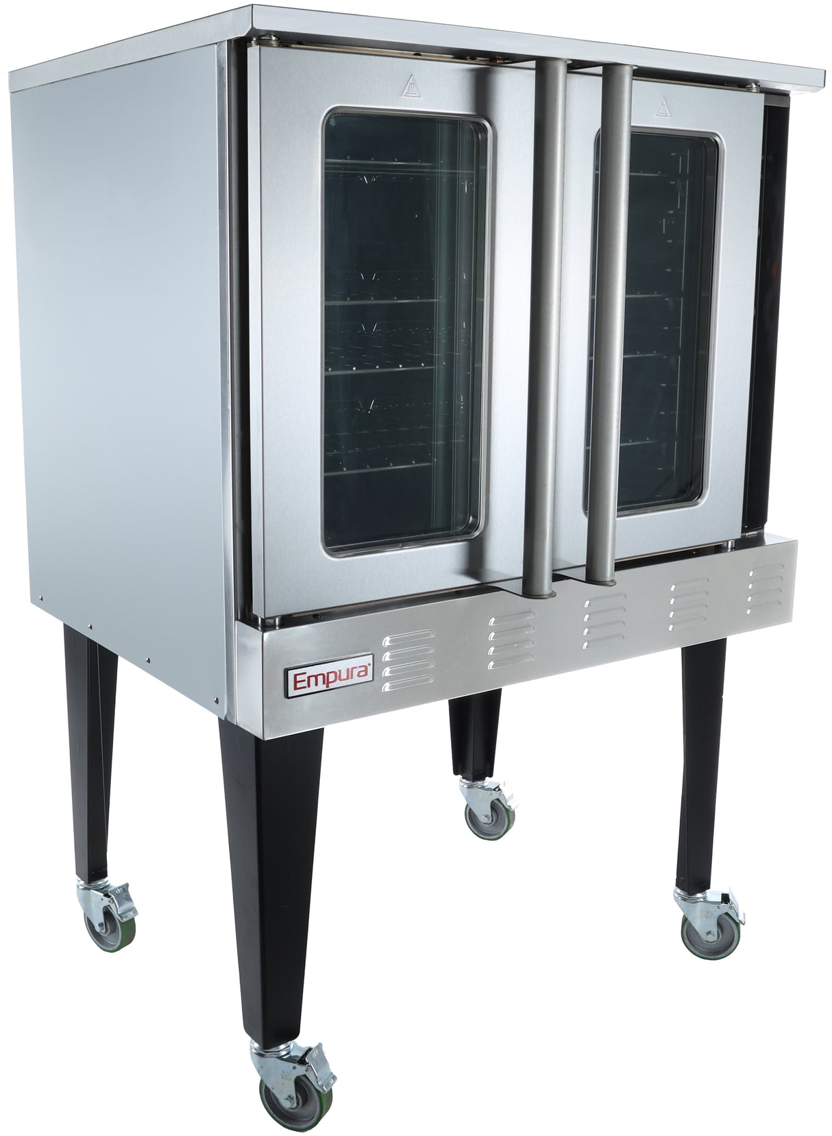 A commercial Empura stainless steel convection oven with two glass doors, black handles, vented panel, and four sturdy legs on caster wheels. Designed for liquid propane use, the Empura logo is visible on the lower front corner.