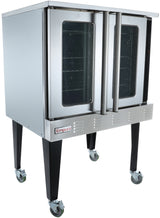 A commercial Empura stainless steel convection oven with two glass doors, black handles, vented panel, and four sturdy legs on caster wheels. Designed for liquid propane use, the Empura logo is visible on the lower front corner.
