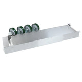 A metallic rectangular platform from Empura Equipment with a shiny, smooth surface and a raised edge on one side. Three green-rimmed caster wheels are angled upwards at one end, making it ideal for use with the Gas Convection Oven Stacking Kit ECO-STACKINGKIT.