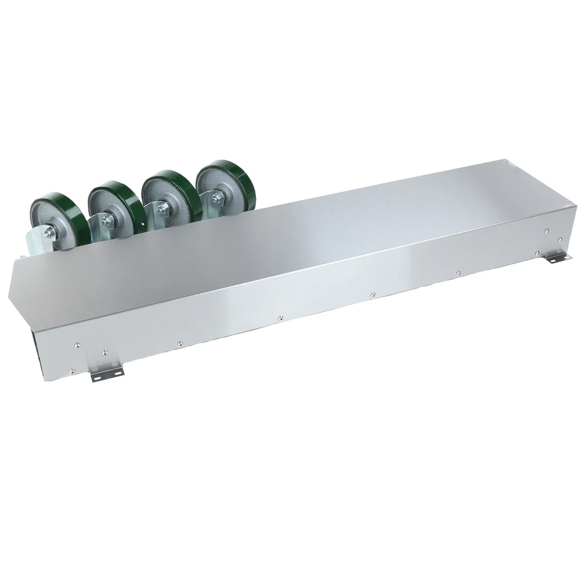 A rectangular metal conveyor from Empura Equipment with a smooth silver surface, three green rollers at one end, and small mounting brackets at the bottom corners—ideal for use with the ECO-STACKINGKIT Gas Convection Oven Stacking Kit.