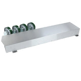 A rectangular metal conveyor from Empura Equipment with a smooth silver surface, three green rollers at one end, and small mounting brackets at the bottom corners—ideal for use with the ECO-STACKINGKIT Gas Convection Oven Stacking Kit.