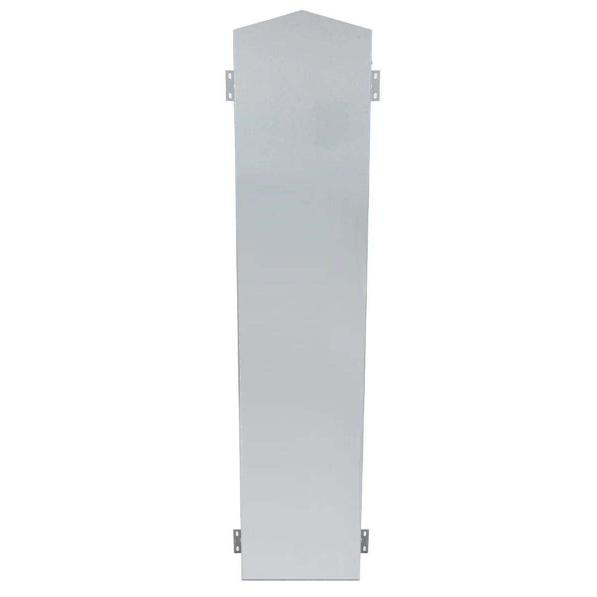A tall, narrow, metallic gray panel with a pointed top and four small side brackets, two on each side. Smooth and reflective, it resembles an elongated shield—perfect for use with the Empura Equipment Gas Convection Oven Stacking Kit ECO-STACKINGKIT.