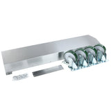 An Empura Equipment ECO-STACKINGKIT Gas Convection Oven Stacking Kit features a long stainless steel cover, a flat metal plate, four caster wheels with green tire edges on brackets, and a bag of screws, all arranged on a white background.