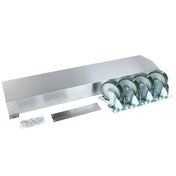 An Empura Equipment ECO-STACKINGKIT Gas Convection Oven Stacking Kit features a long stainless steel cover, a flat metal plate, four caster wheels with green tire edges on brackets, and a bag of screws, all arranged on a white background.