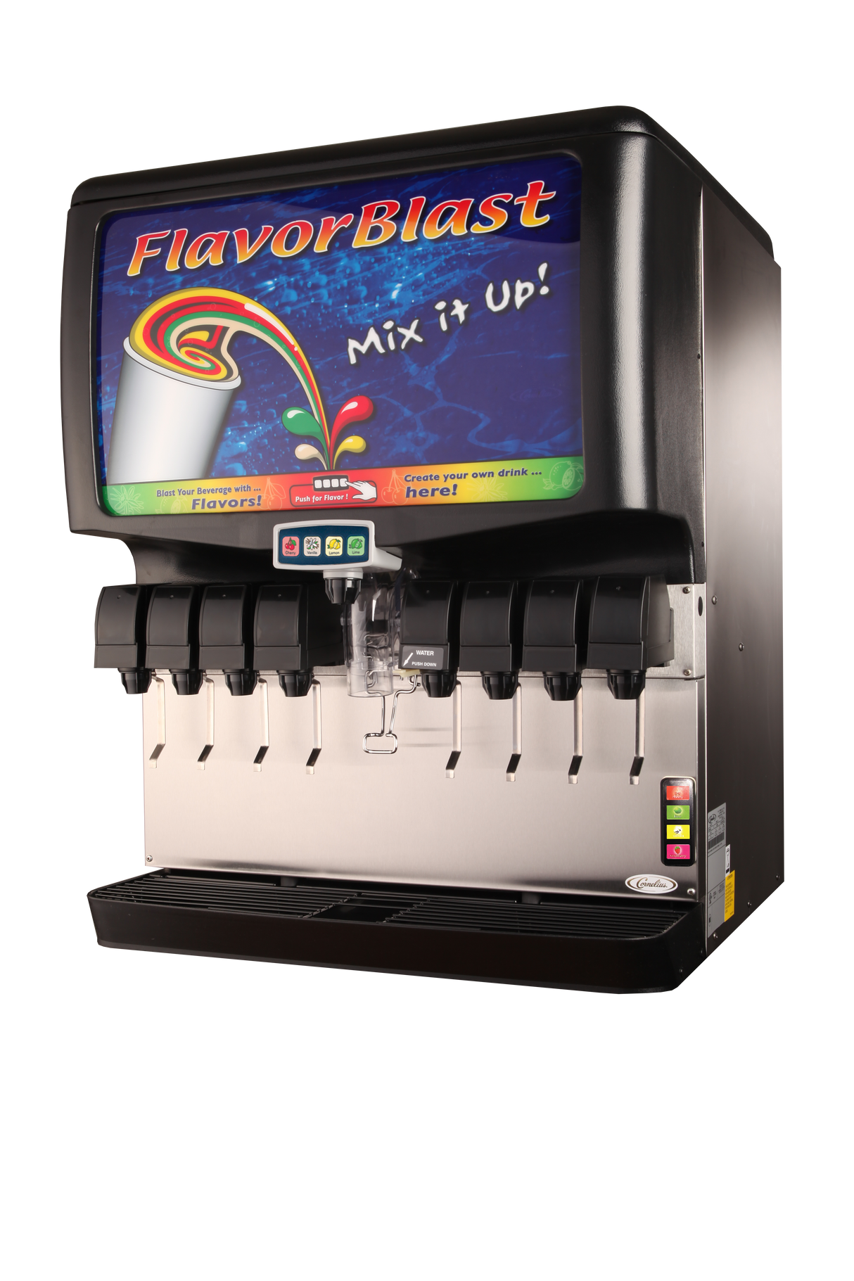 A black and silver FlavorBlast soda fountain machine, ADA Compliant, features eight drink dispensers and a central digital panel. Its screen displays colorful soda splashes with “Mix it up!”—perfectly blending style with accessibility.