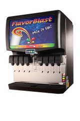 A black and silver FlavorBlast soda fountain machine, ADA Compliant, features eight drink dispensers and a central digital panel. Its screen displays colorful soda splashes with “Mix it up!”—perfectly blending style with accessibility.