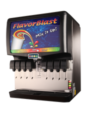 A black and silver FlavorBlast soda fountain machine, ADA Compliant, features eight drink dispensers and a central digital panel. Its screen displays colorful soda splashes with “Mix it up!”—perfectly blending style with accessibility.
