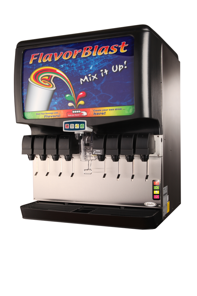 A black and silver FlavorBlast soda fountain machine, ADA Compliant, features eight drink dispensers and a central digital panel. Its screen displays colorful soda splashes with “Mix it up!”—perfectly blending style with accessibility.