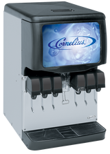 A commercial countertop beverage dispenser featuring five drink options, a large Cornelius logo above the ice and water section, and a drip tray below. The black-top, white-body machine is perfect for self-service as an ice and beverage dispenser.