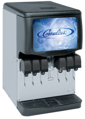 A commercial countertop beverage dispenser featuring five drink options, a large Cornelius logo above the ice and water section, and a drip tray below. The black-top, white-body machine is perfect for self-service as an ice and beverage dispenser.